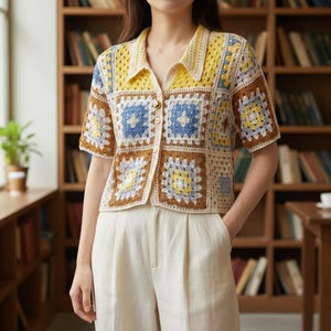 May include: A short-sleeve crochet cardigan featuring a granny square pattern in shades of yellow, blue, white, and brown. The garment has a collared neckline, a button-down front with a single visible metallic button, and a cropped, boxy silhouette.