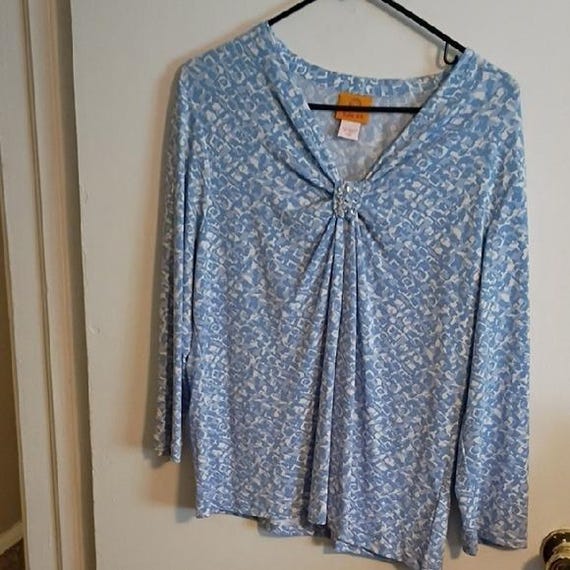 Ruby Rd. Light Blue Patterned Blouse Long Sleeve … - image 1