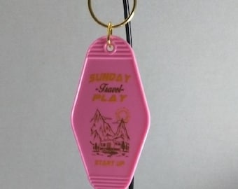 Retro Pink RV / Camping Keychain with Gold Print