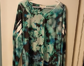 Coldwater Creek Teal and Black Abstract Long Sleeve Top Size XL