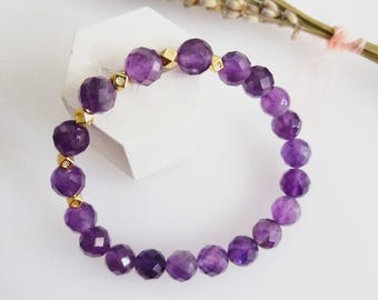 Faceted Amethyst Bracelet with Gold Accents | February Birthstone Jewelry | Healing Crystal Bracelet for Women