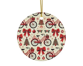 May include: Circular Christmas decoration with a repeating festive pattern. The design includes red bicycles, bows, Christmas trees, and baubles on a cream backdrop. A gold string is attached for hanging. Ideal for festive decor.