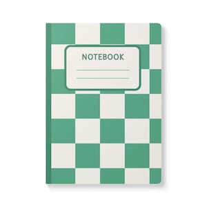 May include: A notebook with a green and white checkered pattern. The cover features a rectangular label with the word "NOTEBOOK" and three lines for writing. The spine is solid green.