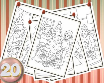 Christmas Family Coloring Pages for Kids | 20 Printable Christmas Activity Pages | Preschool Kindergarten Activity | Instant Download