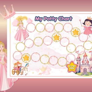 Könnte beinhalten: Eine rosa-weiße Töpfchentabelle mit dem Text "My Potty Chart". Das Design umfasst Illustrationen von Prinzessinnen, einem Schloss und Sternen. Die Tabelle hat Kreise zur Fortschrittsverfolgung und einen "Great Job"-Aufkleber.
