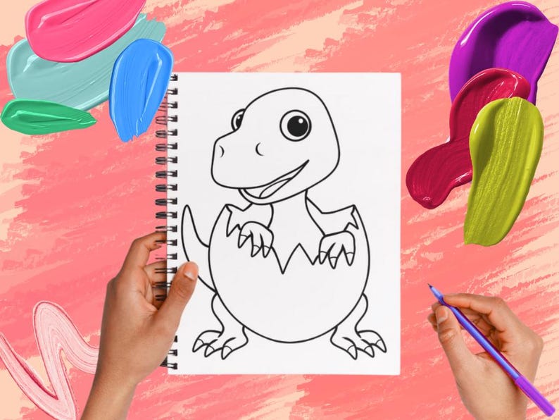 May include: A spiral-bound sketchbook with a black and white cartoon dinosaur hatching from an egg. The image is on a pink background with colorful paint strokes. A hand holds the sketchbook, and another hand holds a purple pen.