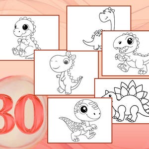 May include: A collection of seven black and white dinosaur illustrations on white backgrounds. The images feature various cartoon dinosaurs in different poses. A large, red number "30" is in the lower left corner.