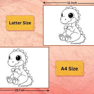 May include: Two white drawings of a cartoon dinosaur, one on an 11 x 8.5 inch rectangle and the other on a 29.7 x 21 cm rectangle. The text "Latter Size" and "A4 Size" are in yellow boxes.