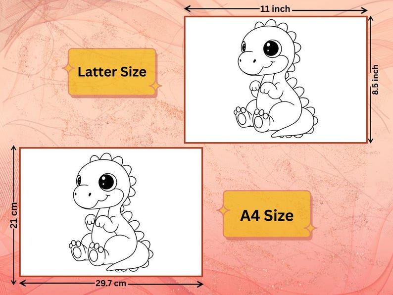 May include: Two white drawings of a cartoon dinosaur, one on an 11 x 8.5 inch rectangle and the other on a 29.7 x 21 cm rectangle. The text "Latter Size" and "A4 Size" are in yellow boxes.