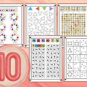 May include: A collection of educational worksheets featuring colorful circles, triangles, arrows, and geometric shapes. The worksheets are designed for learning and include patterns, matching, and directional exercises. A large, red number 10 is in the foreground.