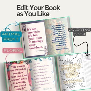 May include: Open books with inspirational quotes and floral and animal print designs. One book is labeled "Coloring Book". The text "Edit Your Book as You Like" is at the top.