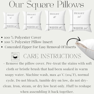May include: White square pillows with varying dimensions: 14" x 14", 16" x 16", 18" x 18", and 20" x 20". Features include 100% polyester cover and insert, and a concealed zipper. Care instructions are also provided.