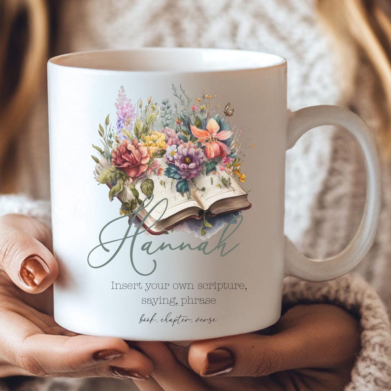 Inspirational Christian mug with personalized scripture delicate floral artwork and custom name perfect for mom coworker or book lover who enjoys faith themed mugs