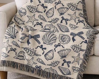 Blue Seashell Starfish Theme Beach House Decoration Coastal Bedroom Cream Marine Textile Accent Cotton Nautical Throw Blanket Fringe Woven