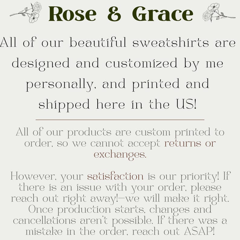 Może przedstawiać: Kremowa grafika z tekstem "Rose & Grace" i kwiatowymi akcentami. Tekst opisuje projekt i personalizację bluz, drukowanych i wysyłanych w USA. Wspomina r&oacute;wnież o druku na zam&oacute;wienie i satysfakcji.