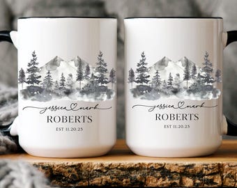 Personalized Mountain Mug Custom Couple Gift Wedding Anniversary Gift Him Her Engagement Gift Custom Date Cabin Camping Mug Watercolor Pines