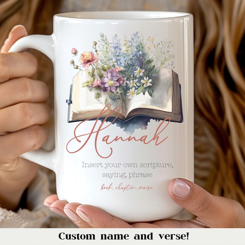 Morning Devotional Mug Personalized Scripture Design Bible Verse Feature Custom Name Option Religious Coffee Cup Faith Based Drinkware Christian Gift Idea Spiritual Inspiration Daily Prayer Companion Encouraging Message Beautiful Floral