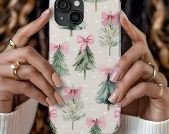 Holiday Phone Case Pink Bow Christmas Tree iPhone Case Coquette Aesthetic Neutral Winter Phone Cover Gift For Her Cute Girly Christmas Case