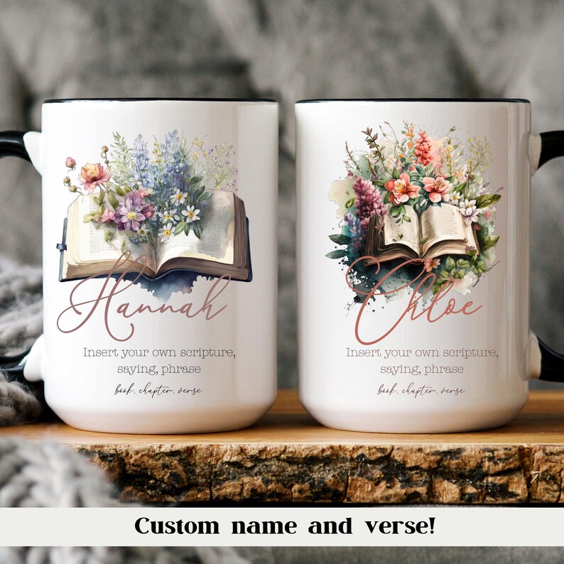 Morning Devotional Mug Personalized Scripture Design Bible Verse Feature Custom Name Option Religious Coffee Cup Faith Based Drinkware Christian Gift Idea Spiritual Inspiration Daily Prayer Companion Encouraging Message Beautiful Floral