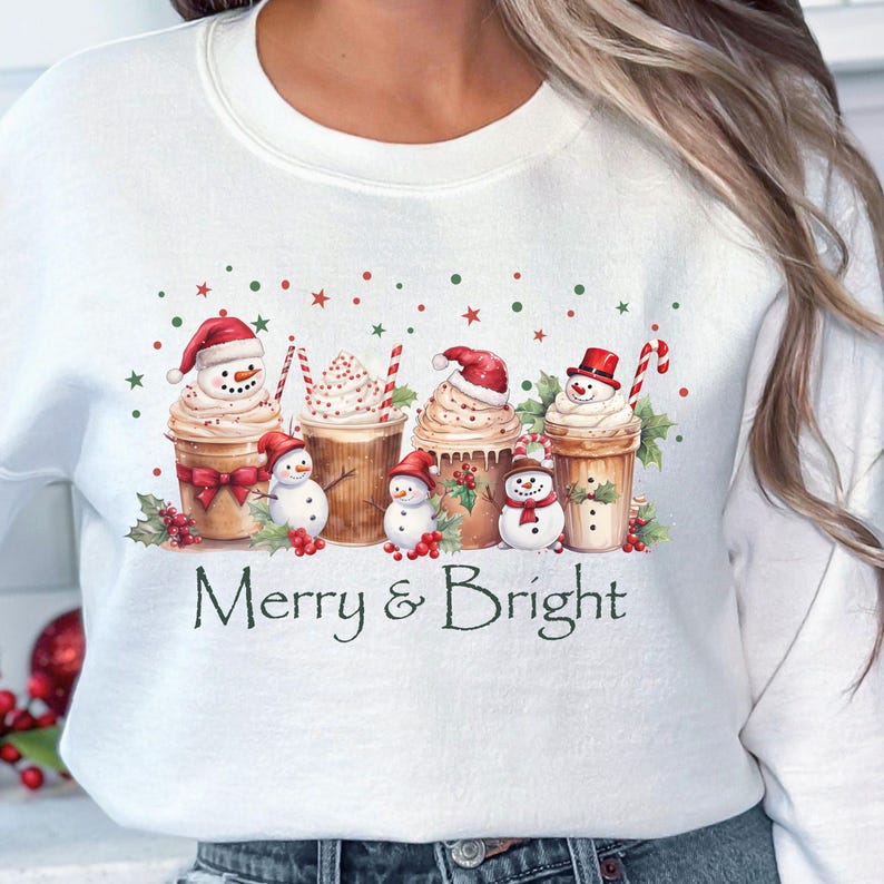 Festive Christmas Sweatshirt Coffee Cup Design Holiday Apparel Collection Merry Bright Saying Snowman Whipped Topping Holly Berry Decoration Candy Cane Accent Winter Seasonal Wear Comfortable Cotton Blend Multiple Size Options Holiday Party