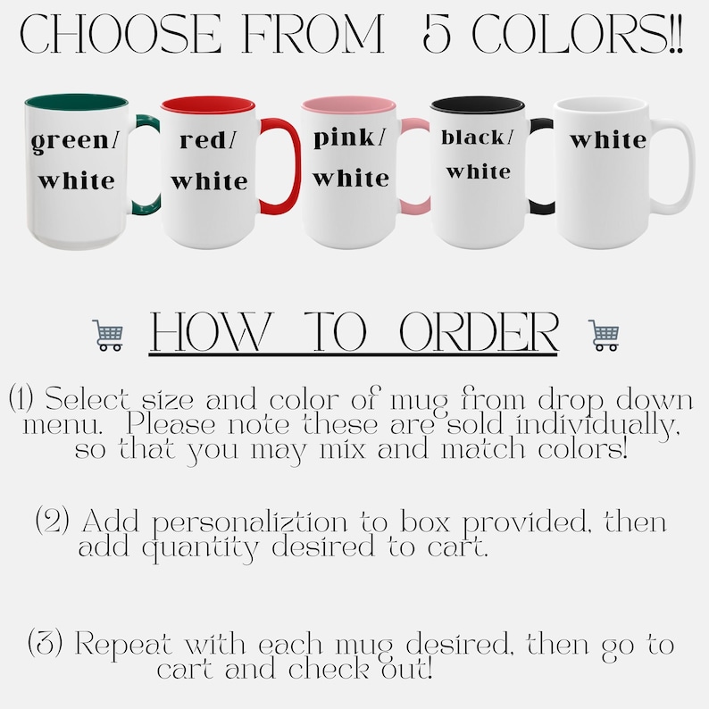 May include: White ceramic mugs with coloured interiors and handles in green, red, pink, black, and white. The text "CHOOSE FROM 5 COLORS!!" is at the top. Instructions on how to order are also included.