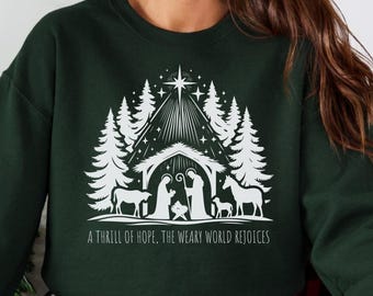 Nativity Scene Sweatshirt Christmas Religious Holiday Attire Bethlehem Star Christian Clothing Hope Message Pullover Cotton Blend Winter