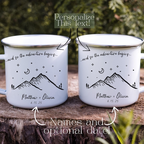 Taza de camping personalizada con diseño de esmalte, regalo para bodas al aire libre, regalo para bodas en la montaña, regalo para el quinto aniversario, escena nocturna de montaña