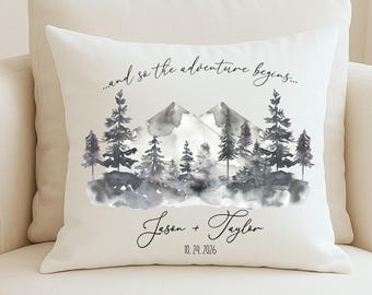 Personalized Wedding Pillow Custom Date Anniversary Gift Engagement Present Couple Name Mountain Adventure Begins Typography Forest