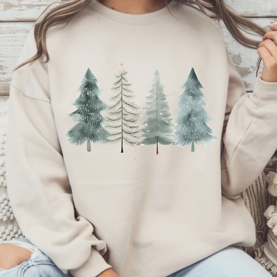 Winter Pine Tree Sweatshirt Minimalist  Women Cozy Snowy Crewneck Gift For Mom Neutral Pine Tree Outfit Cozy Winter Lover Gift