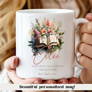 Faith based mug with personalized Bible verse soft floral illustration and name ideal Christian encouragement gift for coworkers book lovers mothers or friends