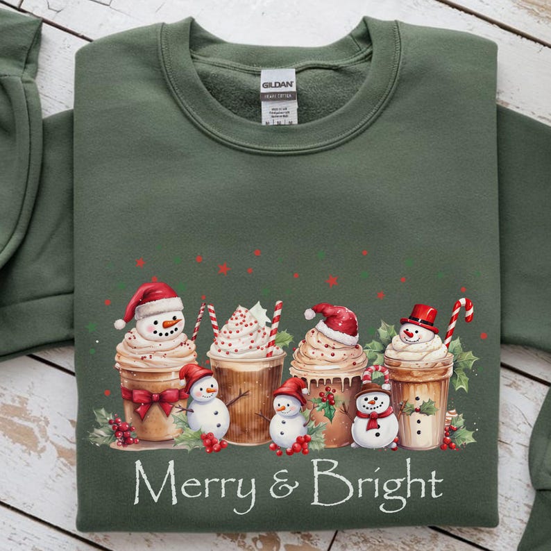 Christmas Coffee Sweatshirt Holiday Design Festive Apparel Merry Bright Winter Clothing Seasonal Wear Christmas Outfit Snowman Cup Whipped Cream Design Holly Berries Candy Canes Red Green Stars Cotton Blend Comfort Casual Holiday Style