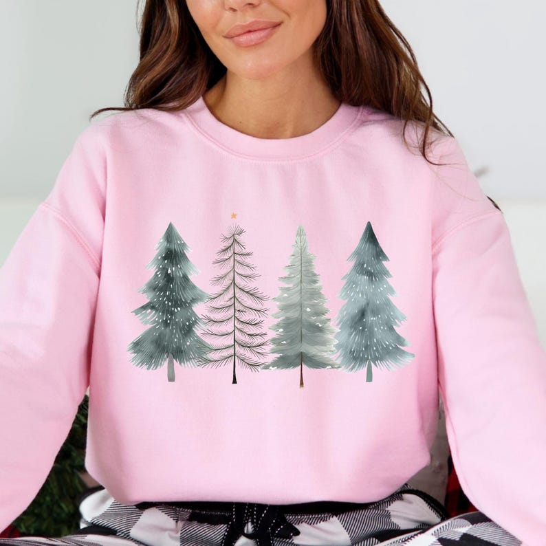 Cozy holiday crewneck with four minimalist watercolor Christmas trees, a perfect neutral winter sweatshirt for women, holiday office party sweater, or thoughtful seasonal gift.