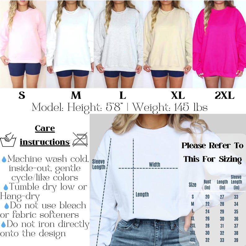 May include: A product photo featuring five oversized crewneck sweatshirts in pink, white, grey, beige, and fuchsia. The image includes care instructions and a sizing chart with bust, length, and sleeve measurements in inches.