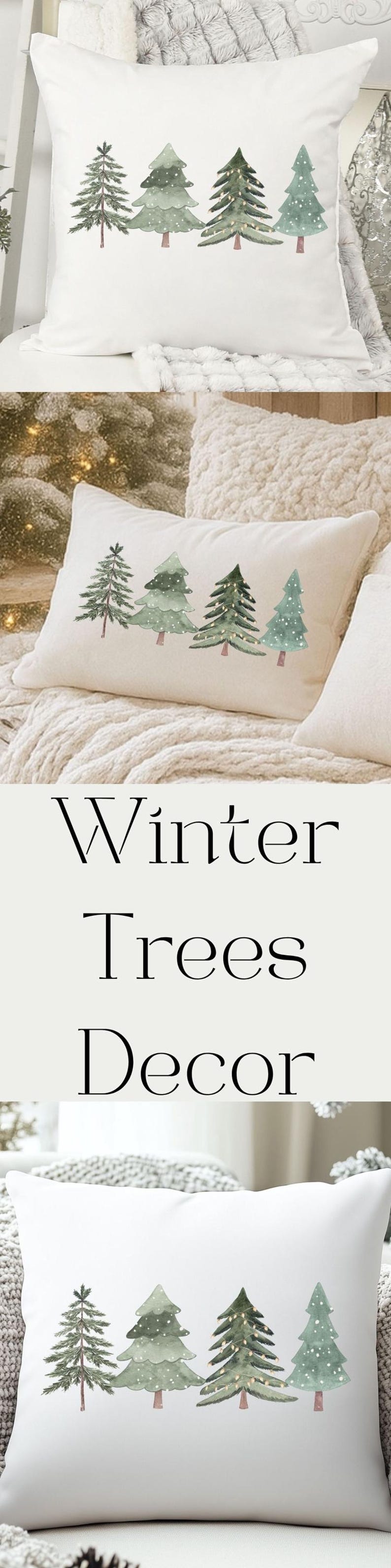May include: White rectangular pillow with a watercolor design of green Christmas trees. The pillow is on a bed with a white blanket. The text "Winter Trees Decor" is in the image.