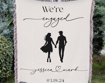 Personalized We’re Engaged Blanket Woven Throw Custom Engagement Photo Backdrop Proposal Gift Keepsake Engagement Party Gift Future Mrs Gift