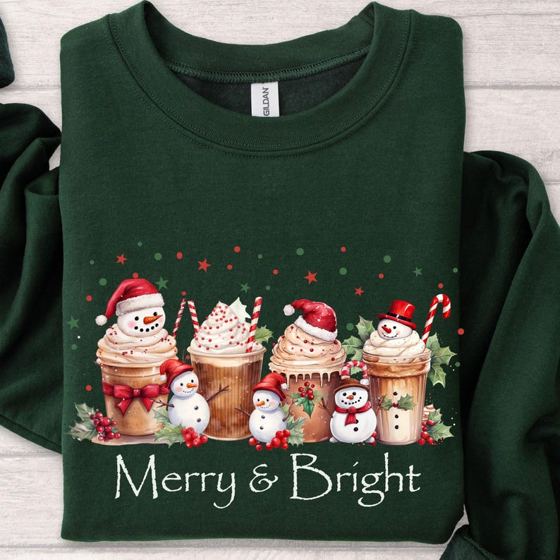 Winter Holiday Sweatshirt Christmas Coffee Design Festive Seasonal Apparel Merry Bright Theme Snowman Cup Illustration Whipped Cream Detail Candy Cane Accent Holly Berry Decoration Comfortable Cotton Blend Perfect Christmas Gift Holiday