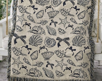 Cotton Beach Blanket Coastal Throw Blue Seashell Nautical Design Personalized Gift Beach Theme Summer Accessory Bedroom Decor Coastal Home