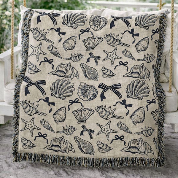 Cotton Beach Blanket Coastal Throw Blue Seashell Nautical Design Personalized Gift Beach Theme Summer Accessory Bedroom Decor Coastal Home