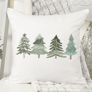 Neutral holiday pillow cover with watercolor Christmas trees cozy winter cushion woodland minimalist décor farmhouse Christmas accent pillow