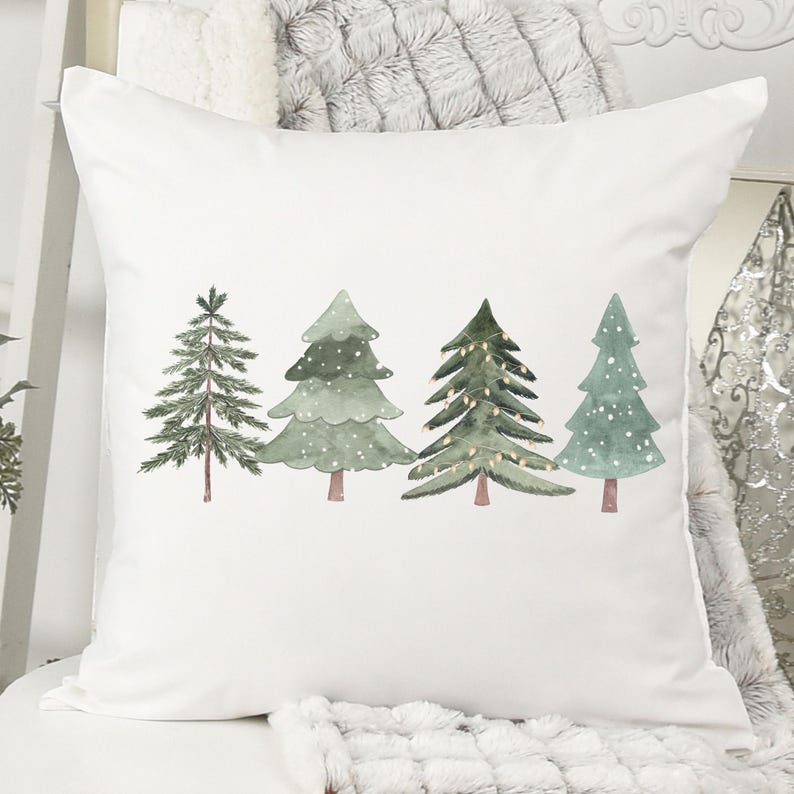 Neutral holiday pillow cover with watercolor Christmas trees cozy winter cushion woodland minimalist décor farmhouse Christmas accent pillow