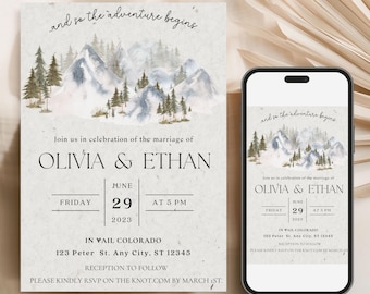 Mountain Themed Wedding Invitation Template Rustic Forest Elopement Invite Editable Watercolor Mountain Wedding Suite Printable Boho Outdoor