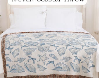 Cotton Nautical Throw Blanket Fringe Woven Blue Seashell Starfish Theme Beach House Decoration Coastal Bedroom Cream Marine Textile Accent