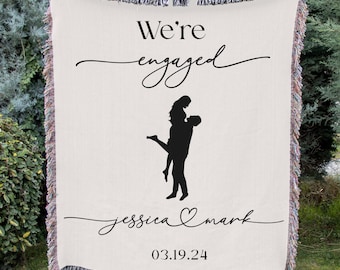 Engagement Gift For Fiancé Personalized Woven Blanket Custom We're Engaged Throw Blanket With Name And Date Wedding Gift For Bride And Groom