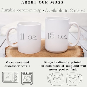 May include: Two white ceramic mugs, one labeled "11 oz." and the other "15 oz.", are displayed on a wooden surface. The text above reads "ABOUT OUR MUGS" and "Durable ceramic mug &bull; Available in 2 sizes!" Additional text indicates the mugs are microwave and dishwasher safe.