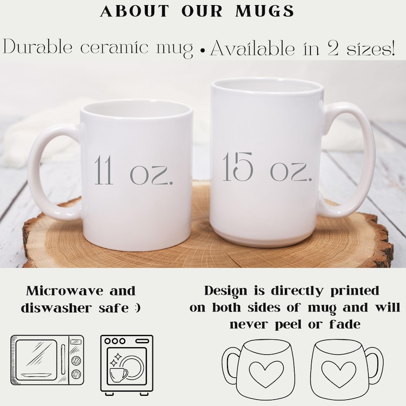 May include: Two white ceramic mugs, one labeled "11 oz." and the other "15 oz.", are displayed on a wooden surface. The text above reads "ABOUT OUR MUGS" and "Durable ceramic mug &bull; Available in 2 sizes!" Additional text indicates the mugs are microwave and dishwasher safe.