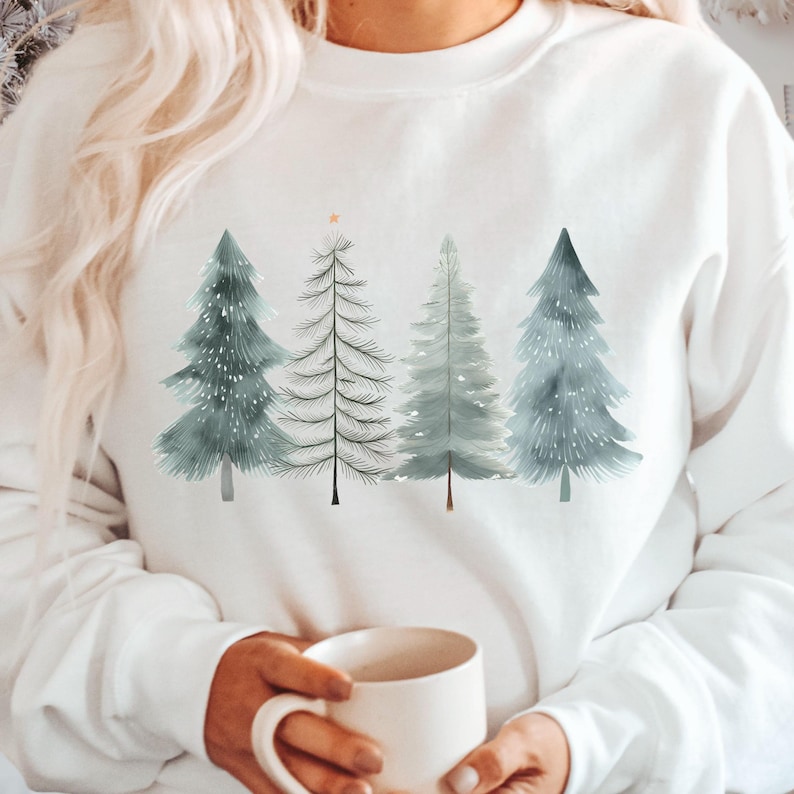 Neutral cozy holiday crewneck with simple Christmas tree design, ideal for winter fashion, Christmas gifts, holiday brunch, or a festive sweatshirt for women this winter season