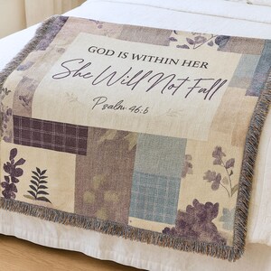 Christian Gift For Women Mother In Law Gift Best Friend Scripture Throw Floral Patchwork Woven Religious Decor God Is Within Her Blanket