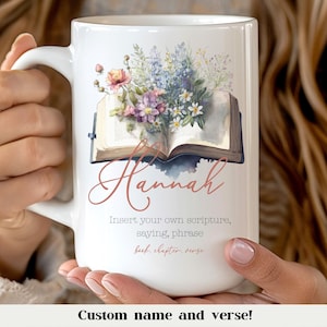 Personalized scripture mug with floral Bible illustration custom name and custom verse perfect Christian gift for mom coworker or friend faith based drinkware for everyday encouragement Book Lover Gift Christian Personalized Scripture Mug Custom Name Bible Verse Mug Faith Based Drinkware Gift For Women Religious Coffee Cup