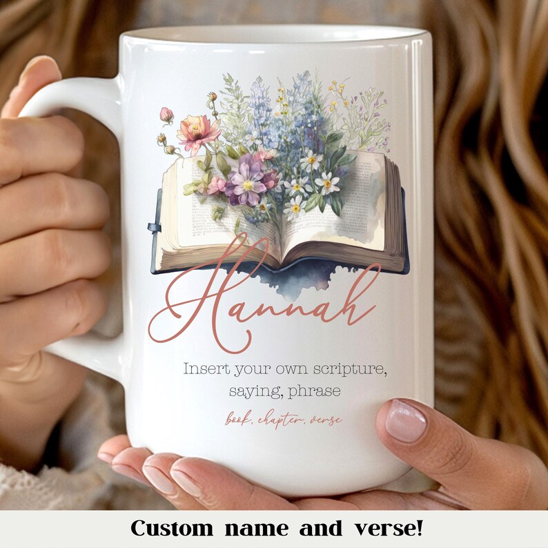 Personalized scripture mug with floral Bible illustration custom name and custom verse perfect Christian gift for mom coworker or friend faith based drinkware for everyday encouragement Book Lover Gift Christian Personalized Scripture Mug Custom Name Bible Verse Mug Faith Based Drinkware Gift For Women Religious Coffee Cup