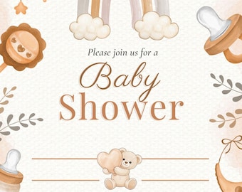 Invitación para baby shower, invitación para revelar el género en tonos neutros, baby shower arcoíris en tonos tierra, plantilla digital, descarga instantánea